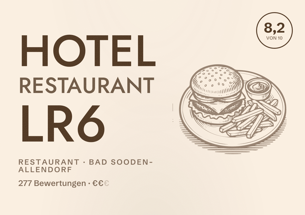 Illustriertes Poster von Hotel Restaurant LR6, Restaurant in Bad Sooden-Allendorf: Bewertung 8,2 von 10 aus 277 Bewertungen, Preisniveau €€