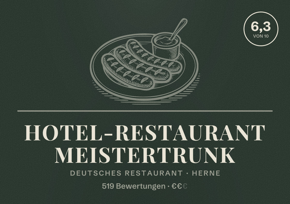Illustriertes Poster von Hotel-Restaurant Meistertrunk, Deutsches Restaurant in Herne: Bewertung 6,3 von 10 aus 519 Bewertungen, Preisniveau €€