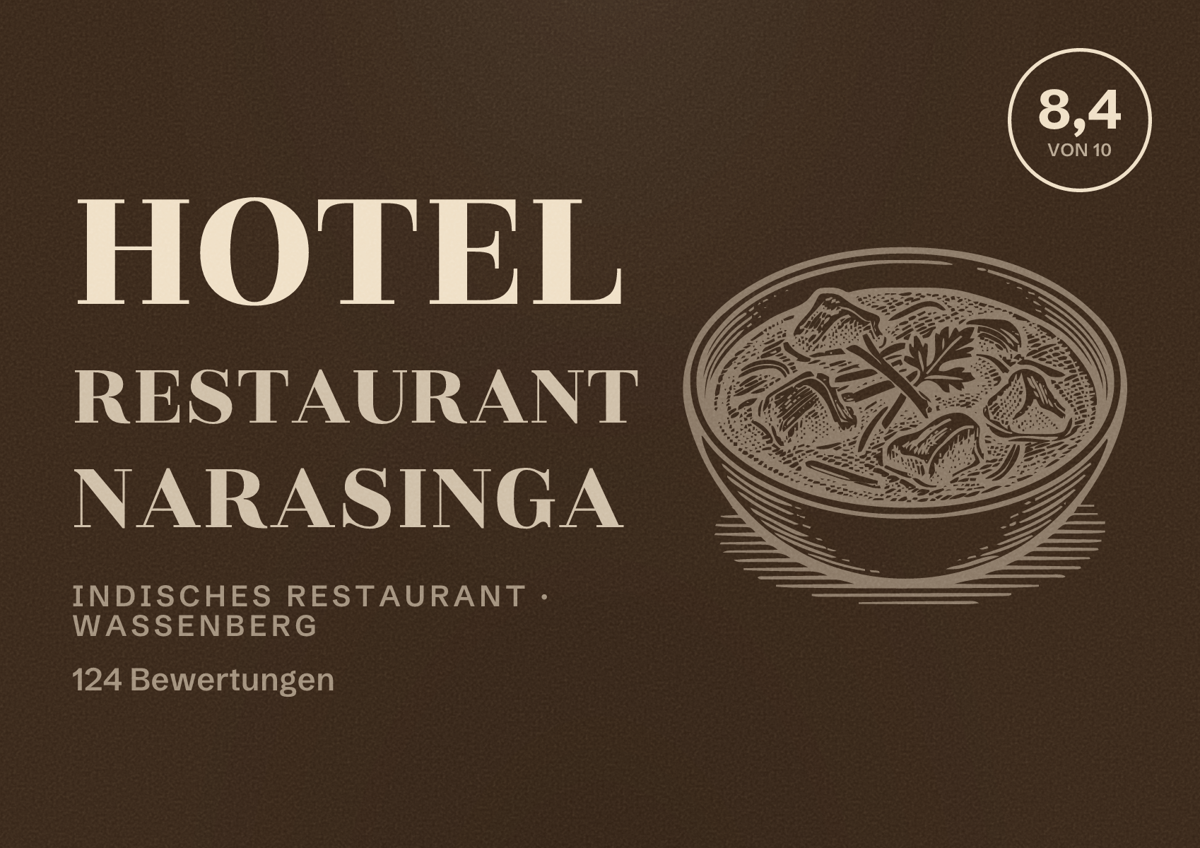 Illustriertes Poster von Hotel Restaurant Narasinga, Indisches Restaurant in Wassenberg: Bewertung 8,4 von 10 aus 124 Bewertungen