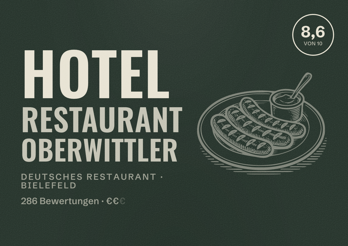 Illustriertes Poster von Hotel Restaurant Oberwittler, Deutsches Restaurant in Bielefeld: Bewertung 8,6 von 10 aus 286 Bewertungen, Preisniveau €€