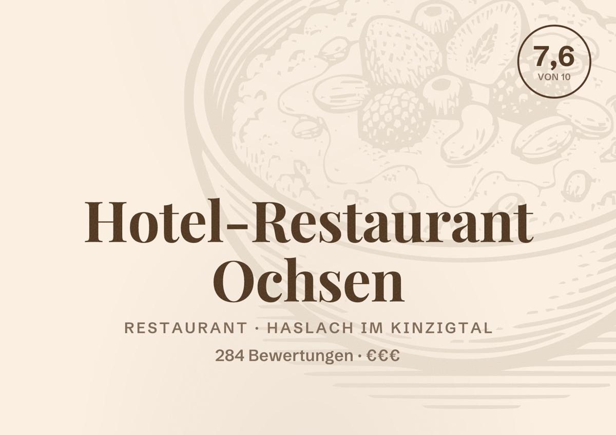 Illustriertes Poster von Hotel-Restaurant Ochsen, Restaurant in Haslach im Kinzigtal: Bewertung 7,6 von 10 aus 284 Bewertungen, Preisniveau €€€
