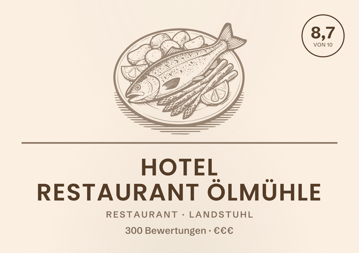 Illustriertes Poster von Hotel Restaurant Ölmühle, Restaurant in Landstuhl: Bewertung 8,7 von 10 aus 300 Bewertungen, Preisniveau €€€