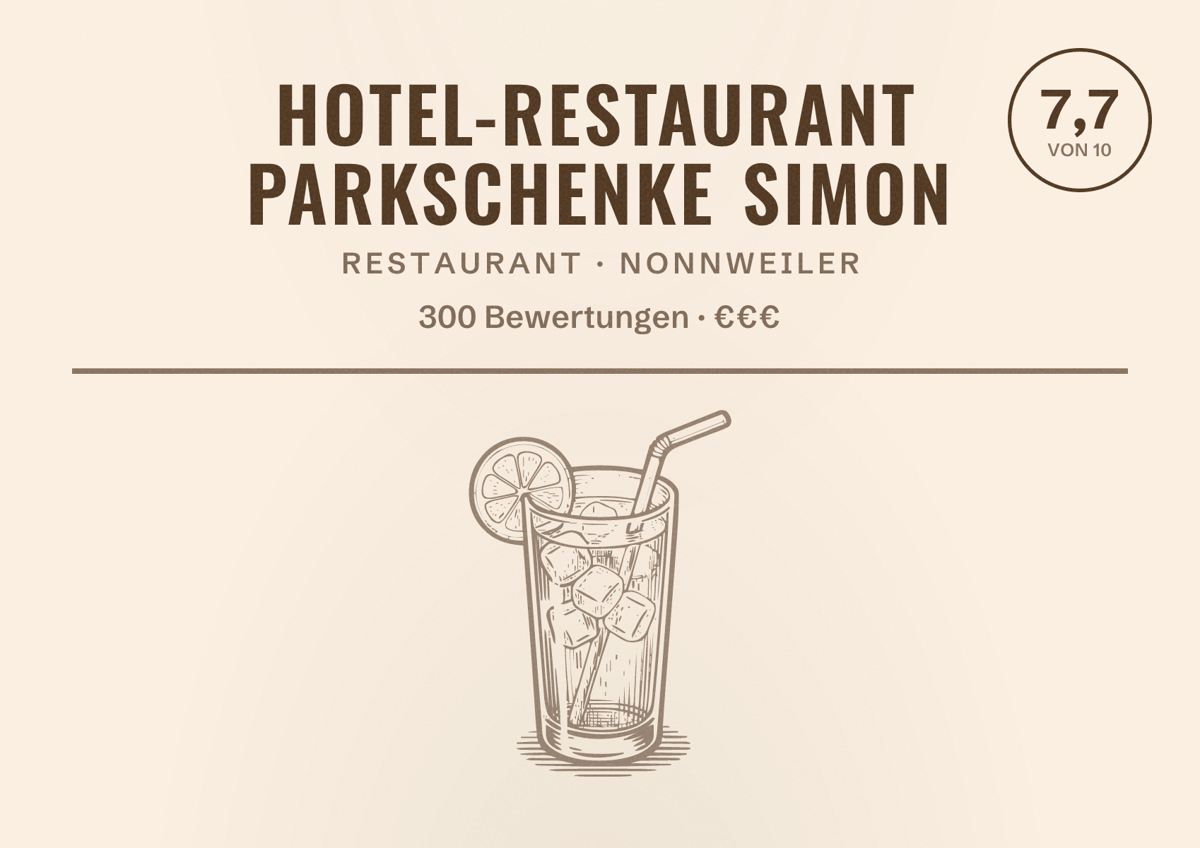 Illustriertes Poster von Hotel-Restaurant Parkschenke Simon, Restaurant in Nonnweiler: Bewertung 7,7 von 10 aus 300 Bewertungen, Preisniveau €€€