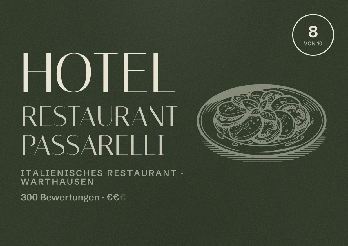Illustriertes Poster von Hotel Restaurant Passarelli, Italienisches Restaurant in Warthausen: Bewertung 8 von 10 aus 300 Bewertungen, Preisniveau €€
