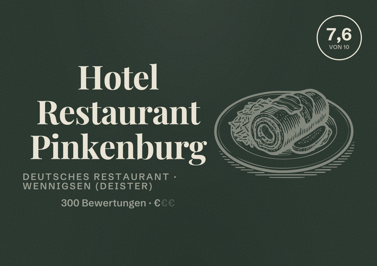 Illustriertes Poster von Hotel Restaurant Pinkenburg, Deutsches Restaurant in Wennigsen (Deister): Bewertung 7,6 von 10 aus 300 Bewertungen, Preisniveau €