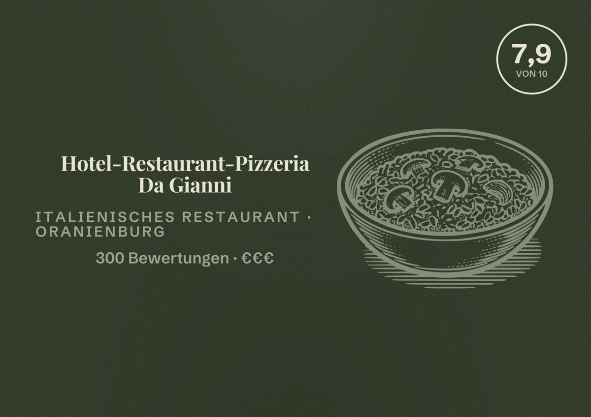 Illustriertes Poster von Hotel-Restaurant-Pizzeria Da Gianni, Italienisches Restaurant in Oranienburg: Bewertung 7,9 von 10 aus 300 Bewertungen, Preisniveau €€€