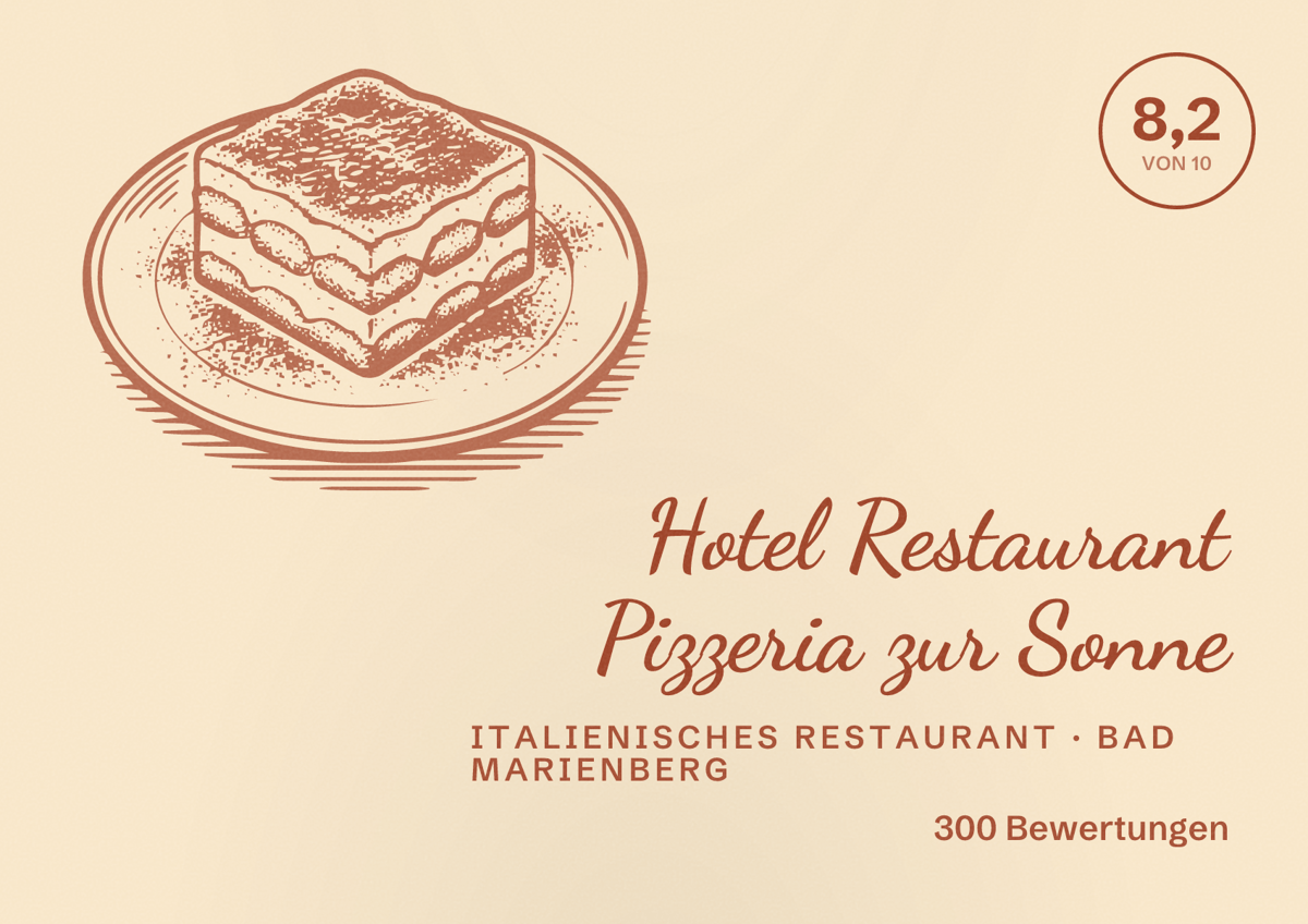 Illustriertes Poster von Hotel Restaurant Pizzeria zur Sonne, Italienisches Restaurant in Bad Marienberg: Bewertung 8,2 von 10 aus 300 Bewertungen