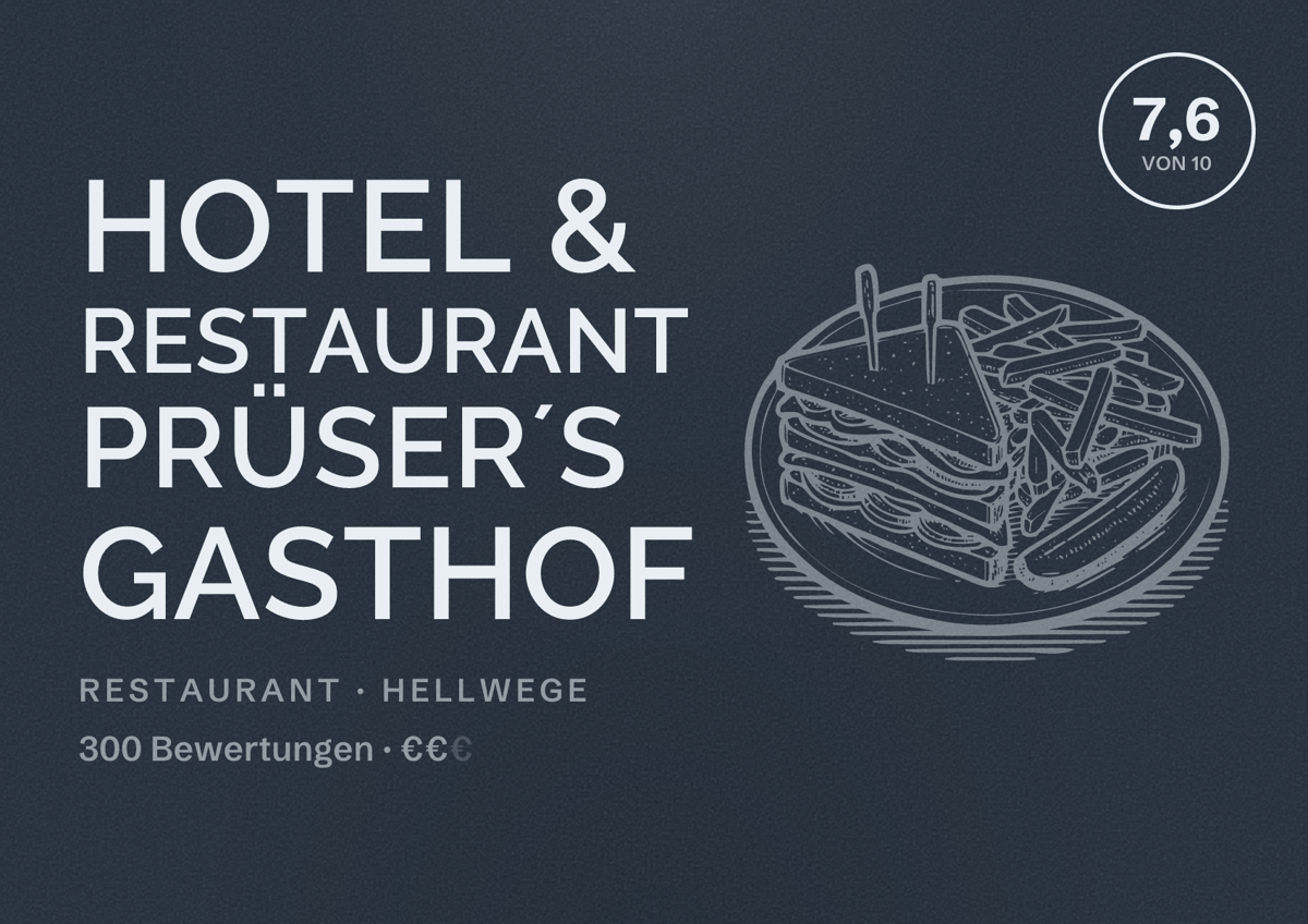Illustriertes Poster von Hotel & Restaurant Prüser´s Gasthof, Restaurant in Hellwege: Bewertung 7,6 von 10 aus 300 Bewertungen, Preisniveau €€