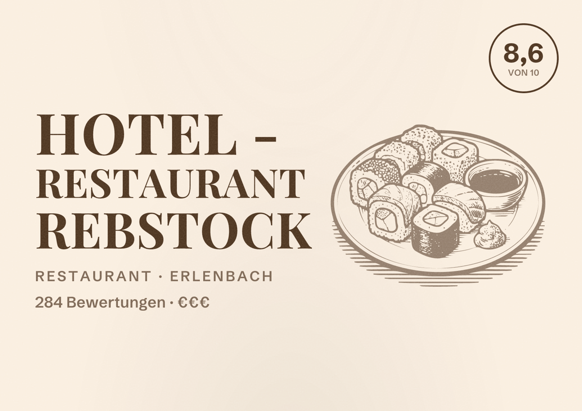Illustriertes Poster von Hotel - Restaurant Rebstock, Restaurant in Erlenbach: Bewertung 8,6 von 10 aus 284 Bewertungen, Preisniveau €€€