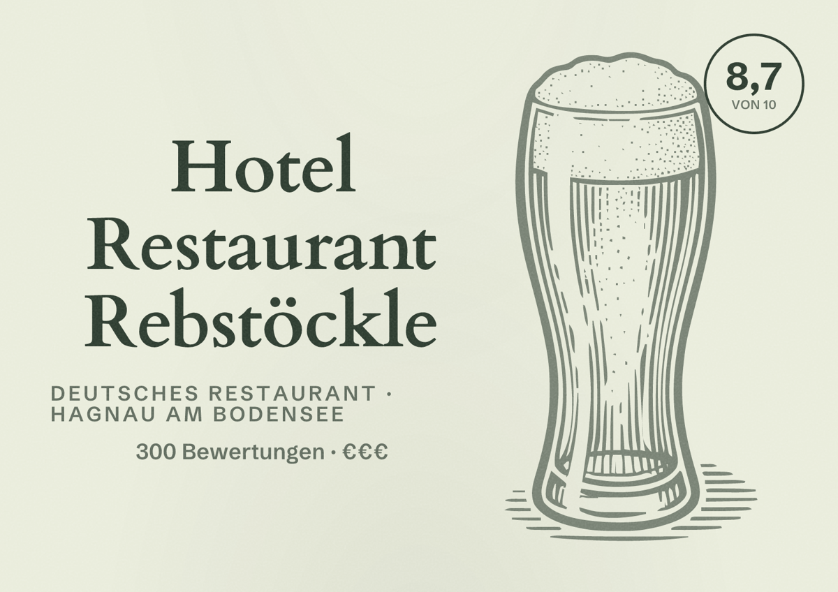 Illustriertes Poster von Hotel Restaurant Rebstöckle, Deutsches Restaurant in Hagnau am Bodensee: Bewertung 8,7 von 10 aus 300 Bewertungen, Preisniveau €€€