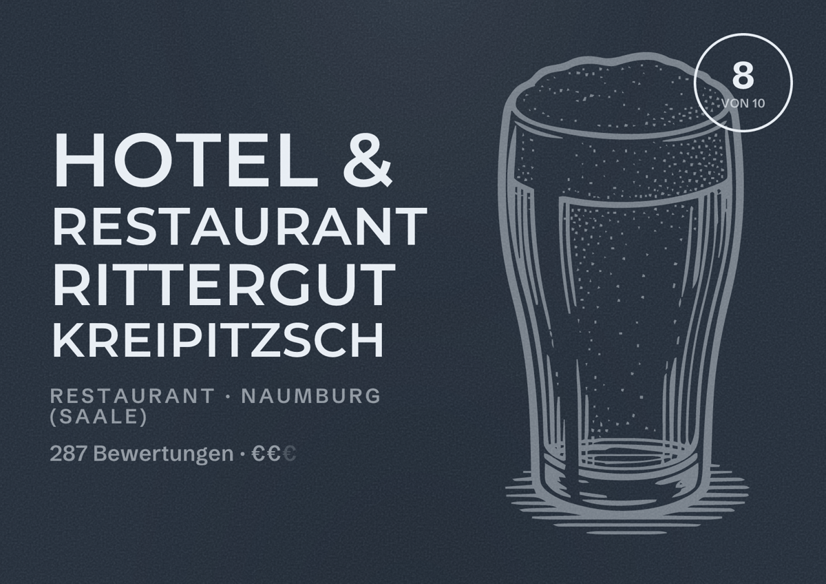 Illustriertes Poster von Hotel & Restaurant Rittergut Kreipitzsch, Restaurant in Naumburg (Saale): Bewertung 8 von 10 aus 287 Bewertungen, Preisniveau €€