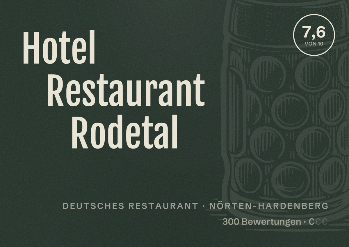 Illustriertes Poster von Hotel Restaurant Rodetal, Deutsches Restaurant in Nörten-Hardenberg: Bewertung 7,6 von 10 aus 300 Bewertungen, Preisniveau €