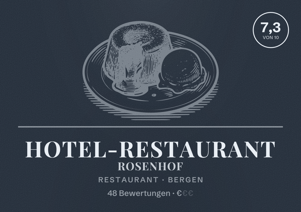 Illustriertes Poster von Hotel-Restaurant Rosenhof, Restaurant in Bergen: Bewertung 7,3 von 10 aus 48 Bewertungen, Preisniveau €