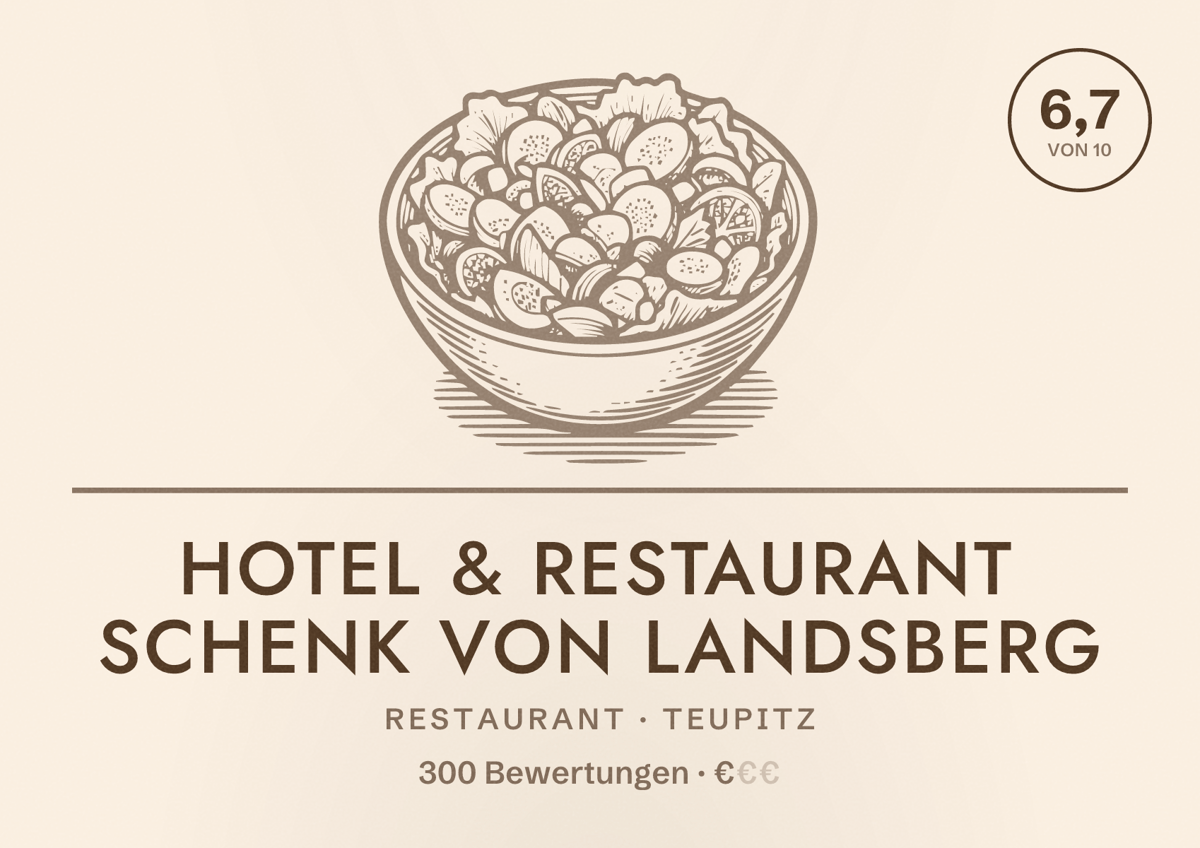 Illustriertes Poster von Hotel & Restaurant Schenk von Landsberg, Restaurant in Teupitz: Bewertung 6,7 von 10 aus 300 Bewertungen, Preisniveau €