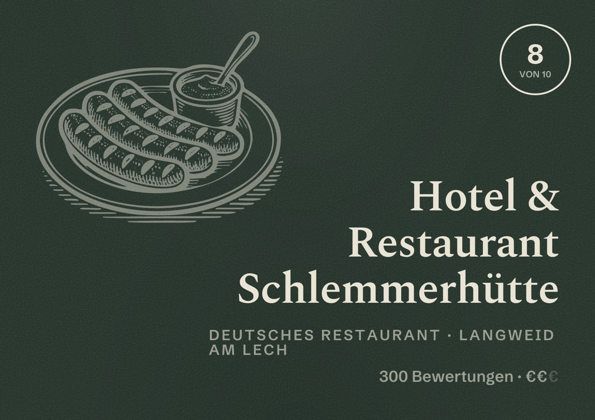 Illustriertes Poster von Hotel & Restaurant Schlemmerhütte, Deutsches Restaurant in Langweid am Lech: Bewertung 8 von 10 aus 300 Bewertungen, Preisniveau €€