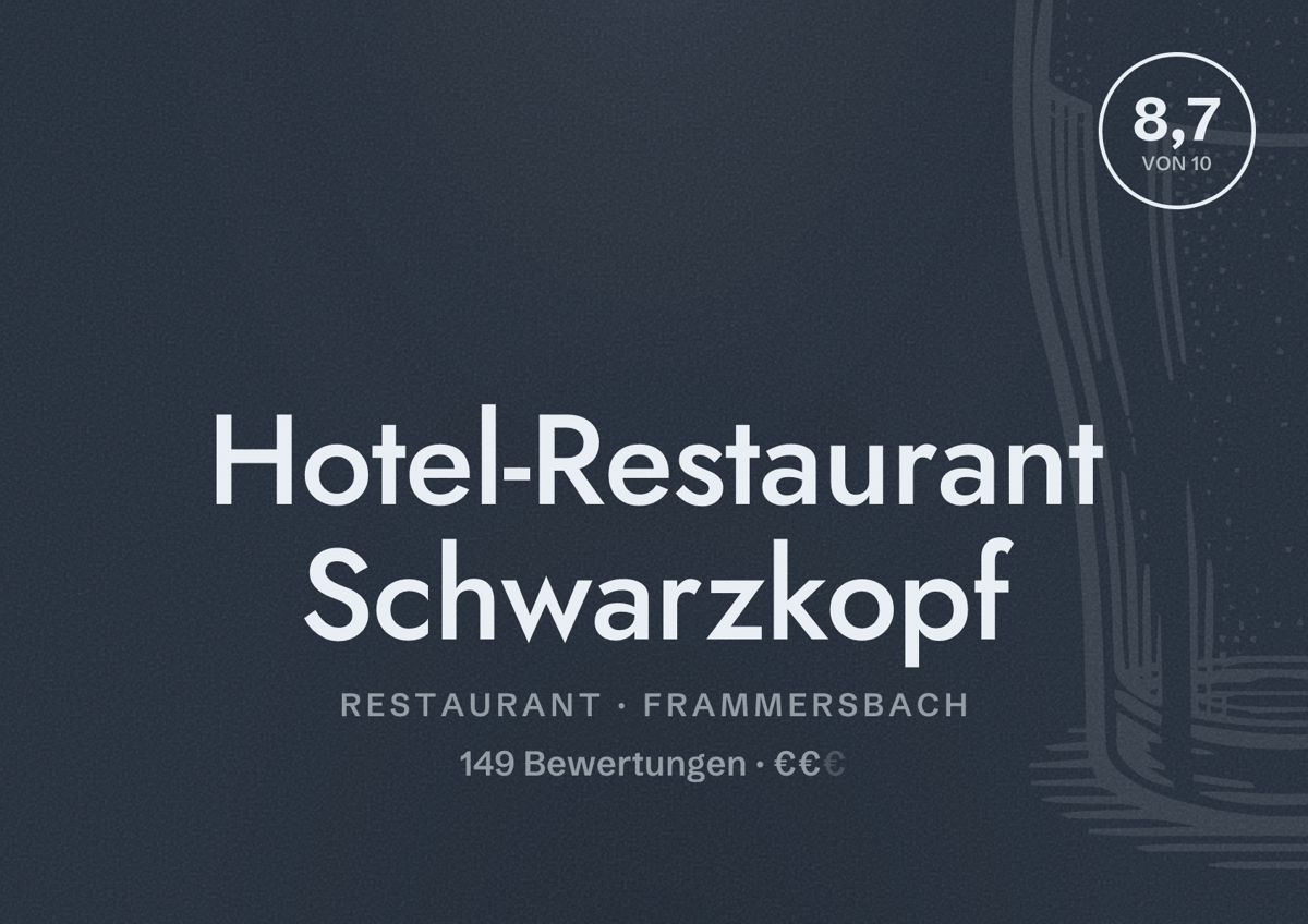 Illustriertes Poster von Hotel-Restaurant Schwarzkopf, Restaurant in Frammersbach: Bewertung 8,7 von 10 aus 149 Bewertungen, Preisniveau €€