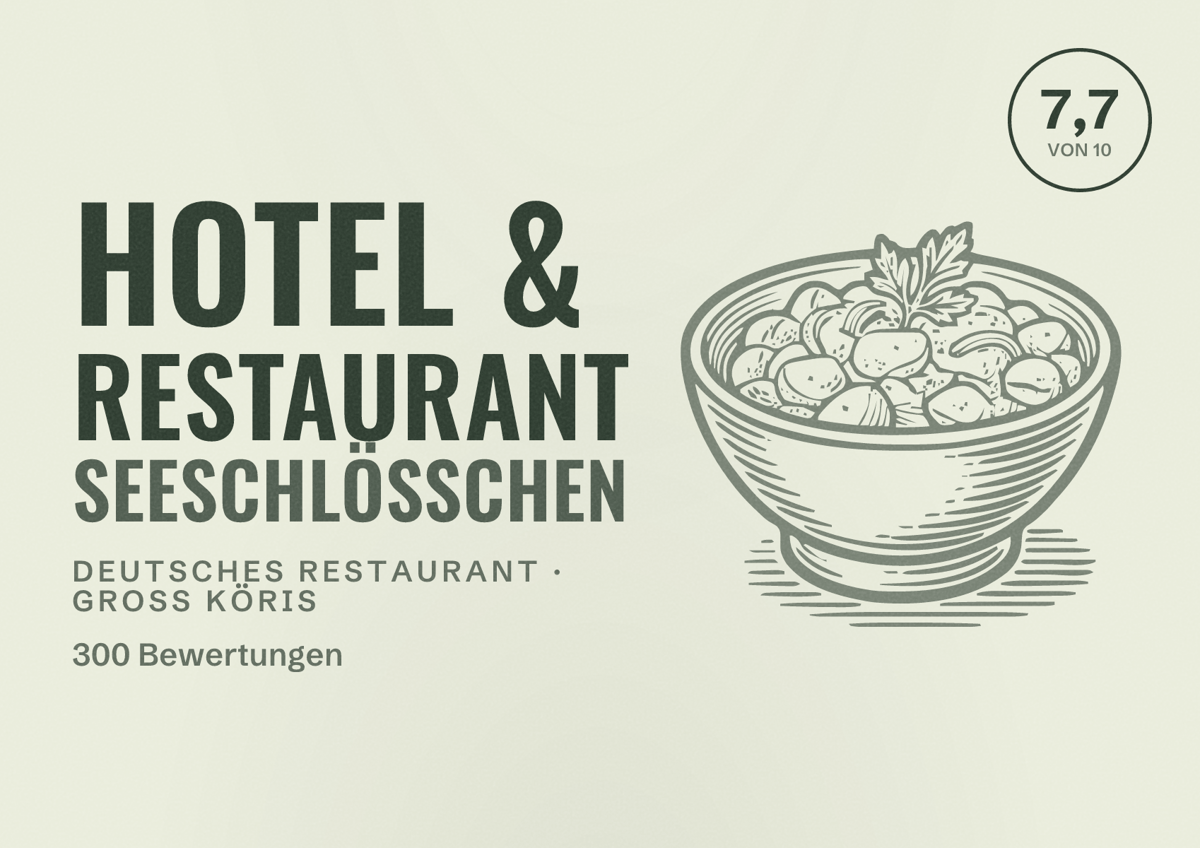 Illustriertes Poster von Hotel & Restaurant Seeschlösschen, Deutsches Restaurant in Groß Köris: Bewertung 7,7 von 10 aus 300 Bewertungen