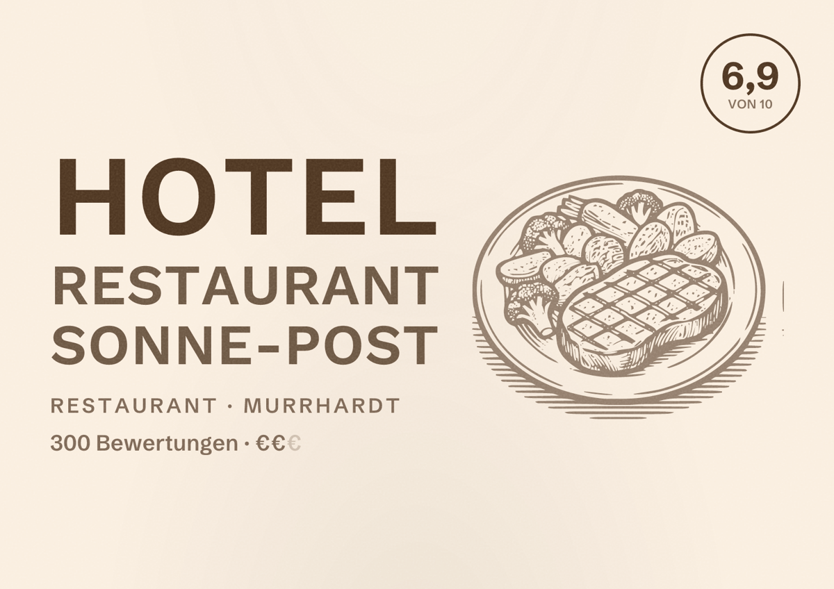 Illustriertes Poster von Hotel Restaurant Sonne-Post, Restaurant in Murrhardt: Bewertung 6,9 von 10 aus 300 Bewertungen, Preisniveau €€
