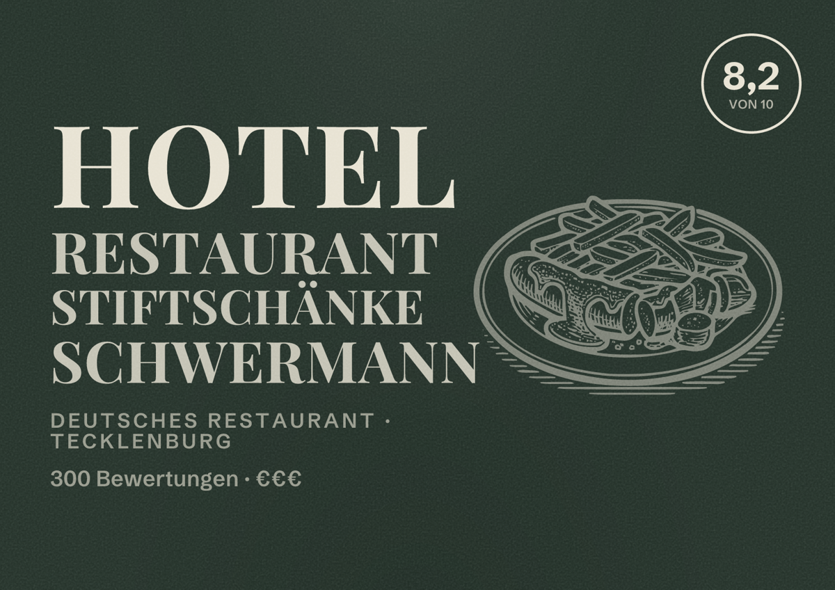 Illustriertes Poster von Hotel Restaurant Stiftschänke Schwermann, Deutsches Restaurant in Tecklenburg: Bewertung 8,2 von 10 aus 300 Bewertungen, Preisniveau €€€