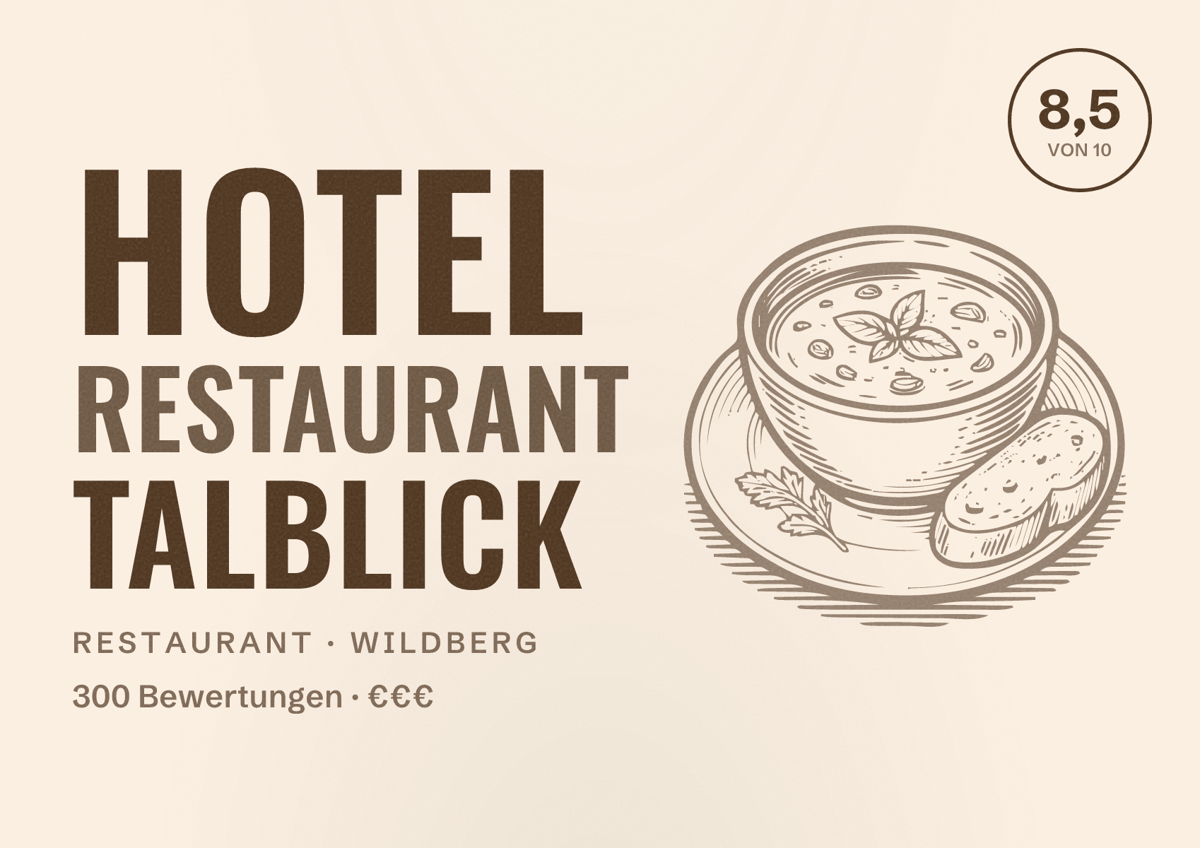 Illustriertes Poster von Hotel Restaurant Talblick, Restaurant in Wildberg: Bewertung 8,5 von 10 aus 300 Bewertungen, Preisniveau €€€