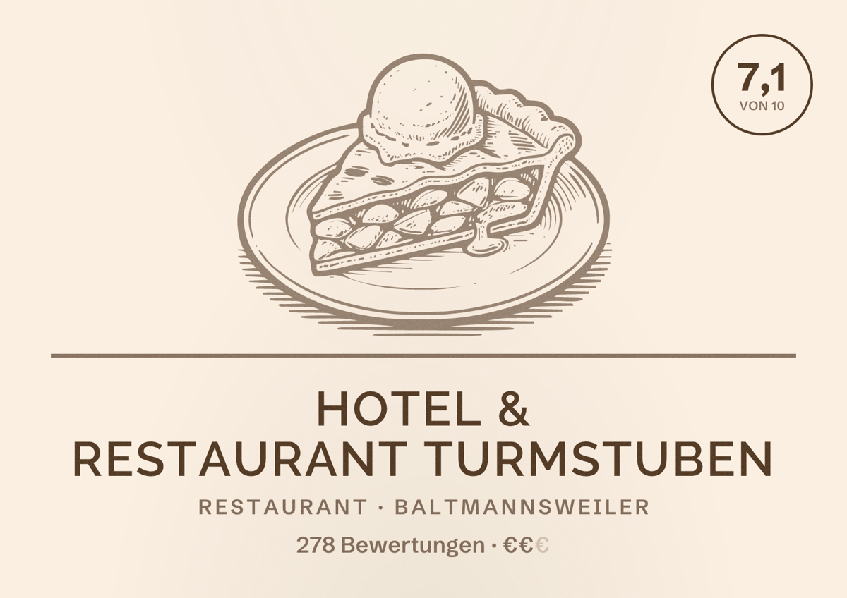 Illustriertes Poster von Hotel & Restaurant Turmstuben, Restaurant in Baltmannsweiler: Bewertung 7,1 von 10 aus 278 Bewertungen, Preisniveau €€