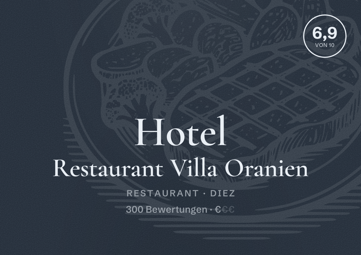 Illustriertes Poster von Hotel Restaurant Villa Oranien, Restaurant in Diez: Bewertung 6,9 von 10 aus 300 Bewertungen, Preisniveau €