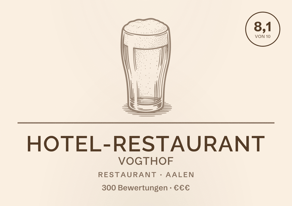Illustriertes Poster von Hotel-Restaurant Vogthof, Restaurant in Aalen: Bewertung 8,1 von 10 aus 300 Bewertungen, Preisniveau €€€