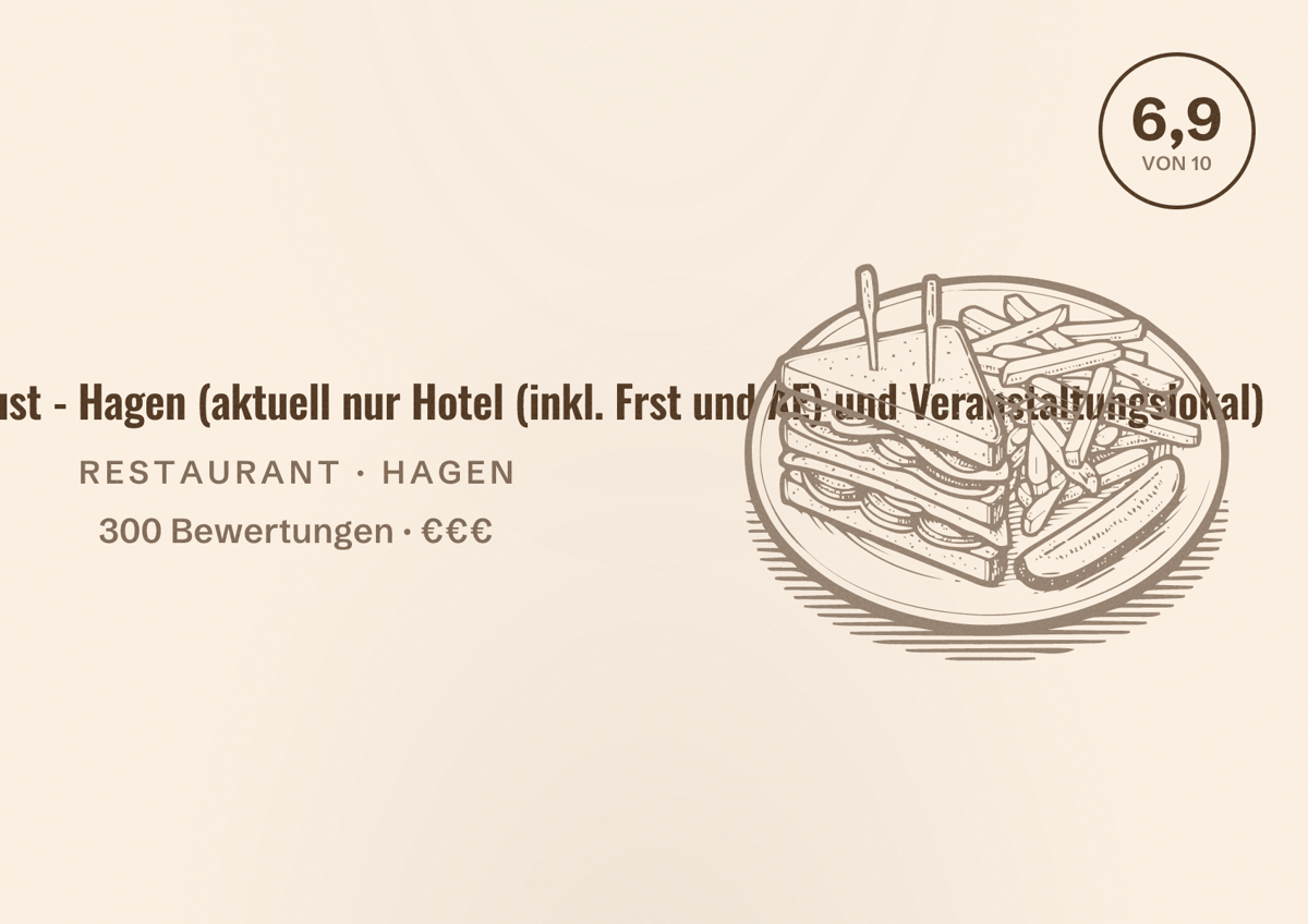 Illustriertes Poster von Hotel & Restaurant Waldlust - Hagen (aktuell nur Hotel (inkl. Frst und AE) und Veranstaltungslokal), Restaurant in Hagen: Bewertung 6,9 von 10 aus 300 Bewertungen, Preisniveau €€€