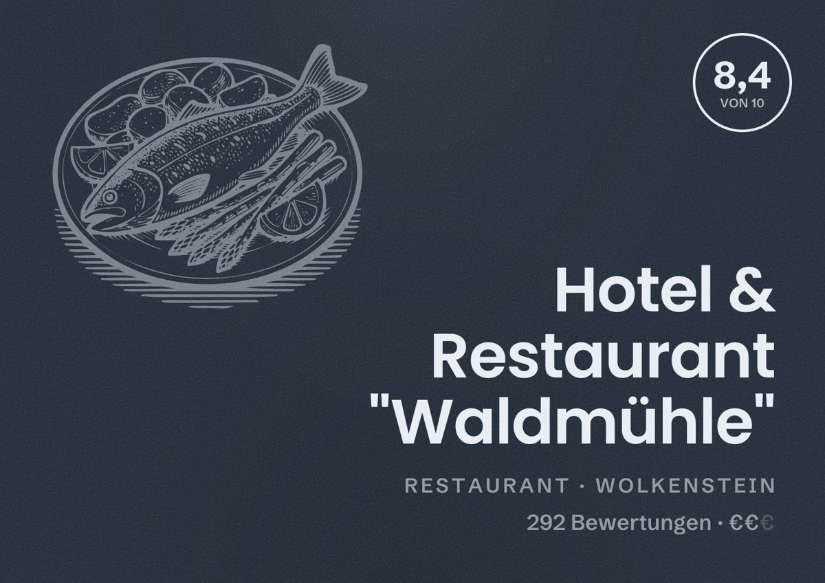 Illustriertes Poster von Hotel & Restaurant "Waldmühle", Restaurant in Wolkenstein: Bewertung 8,4 von 10 aus 292 Bewertungen, Preisniveau €€