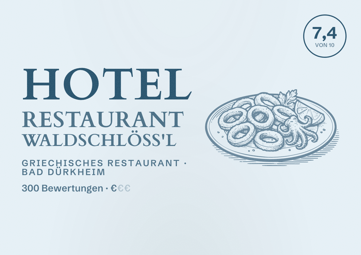 Illustriertes Poster von Hotel Restaurant Waldschlöss'l, Griechisches Restaurant in Bad Dürkheim: Bewertung 7,4 von 10 aus 300 Bewertungen, Preisniveau €