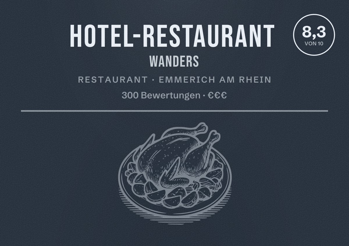Illustriertes Poster von Hotel-Restaurant Wanders, Restaurant in Emmerich am Rhein: Bewertung 8,3 von 10 aus 300 Bewertungen, Preisniveau €€€