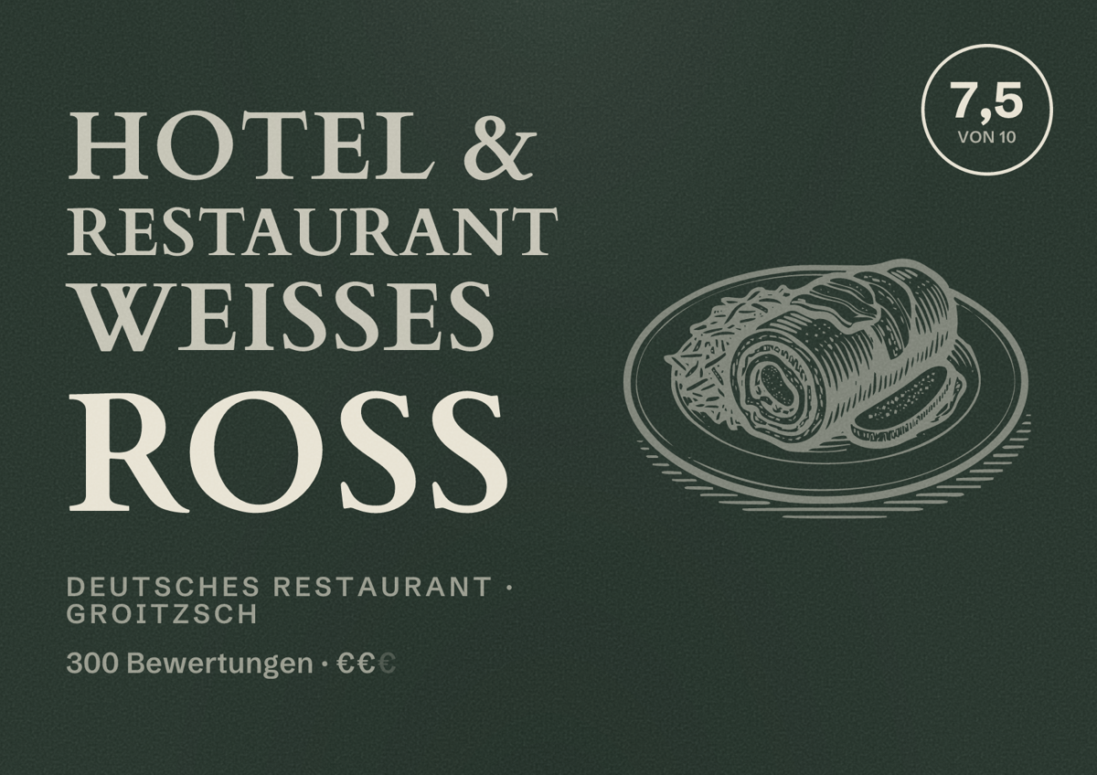 Illustriertes Poster von Hotel & Restaurant Weisses Ross, Deutsches Restaurant in Groitzsch: Bewertung 7,5 von 10 aus 300 Bewertungen, Preisniveau €€