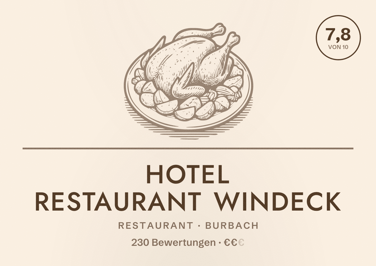 Illustriertes Poster von Hotel Restaurant Windeck, Restaurant in Burbach: Bewertung 7,8 von 10 aus 230 Bewertungen, Preisniveau €€