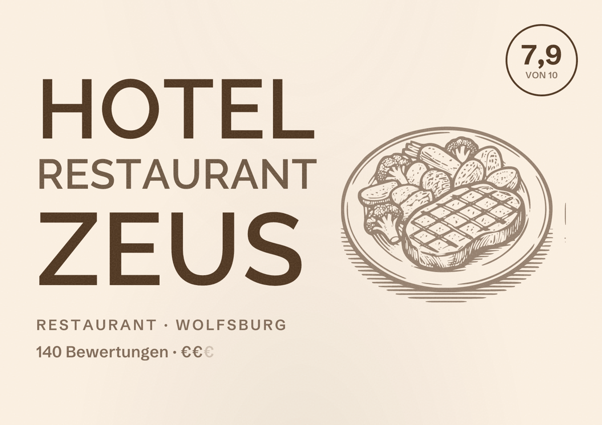 Illustriertes Poster von Hotel Restaurant Zeus, Restaurant in Wolfsburg: Bewertung 7,9 von 10 aus 140 Bewertungen, Preisniveau €€