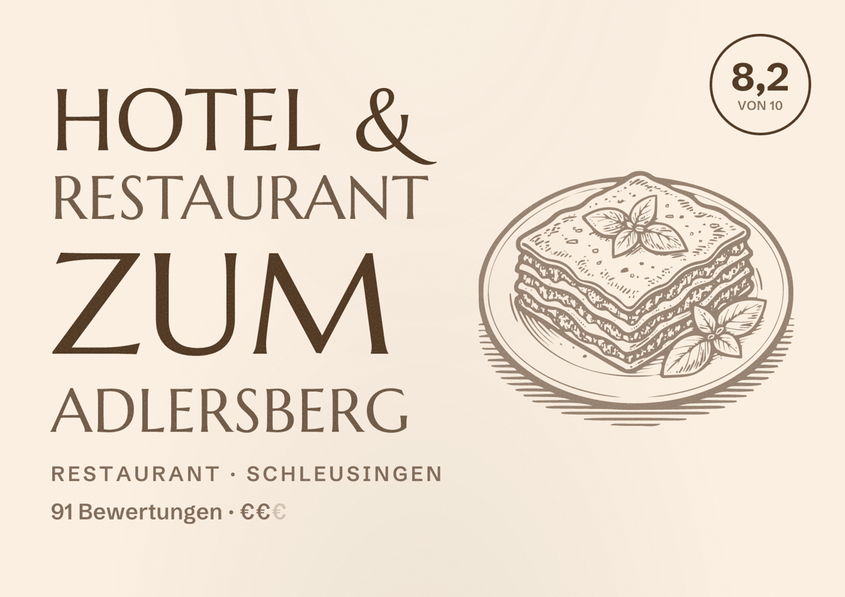 Illustriertes Poster von Hotel & Restaurant Zum Adlersberg, Restaurant in Schleusingen: Bewertung 8,2 von 10 aus 91 Bewertungen, Preisniveau €€