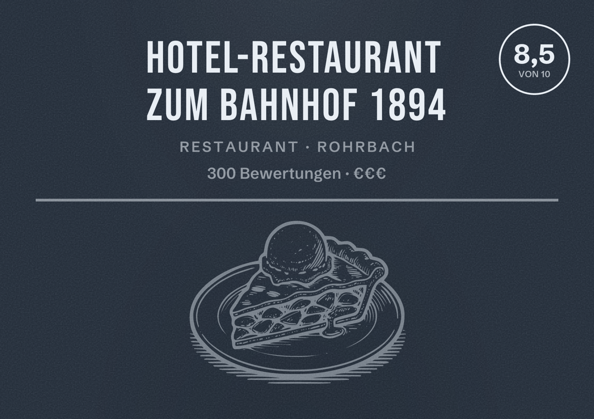 Illustriertes Poster von Hotel-Restaurant zum Bahnhof 1894, Restaurant in Rohrbach: Bewertung 8,5 von 10 aus 300 Bewertungen, Preisniveau €€€