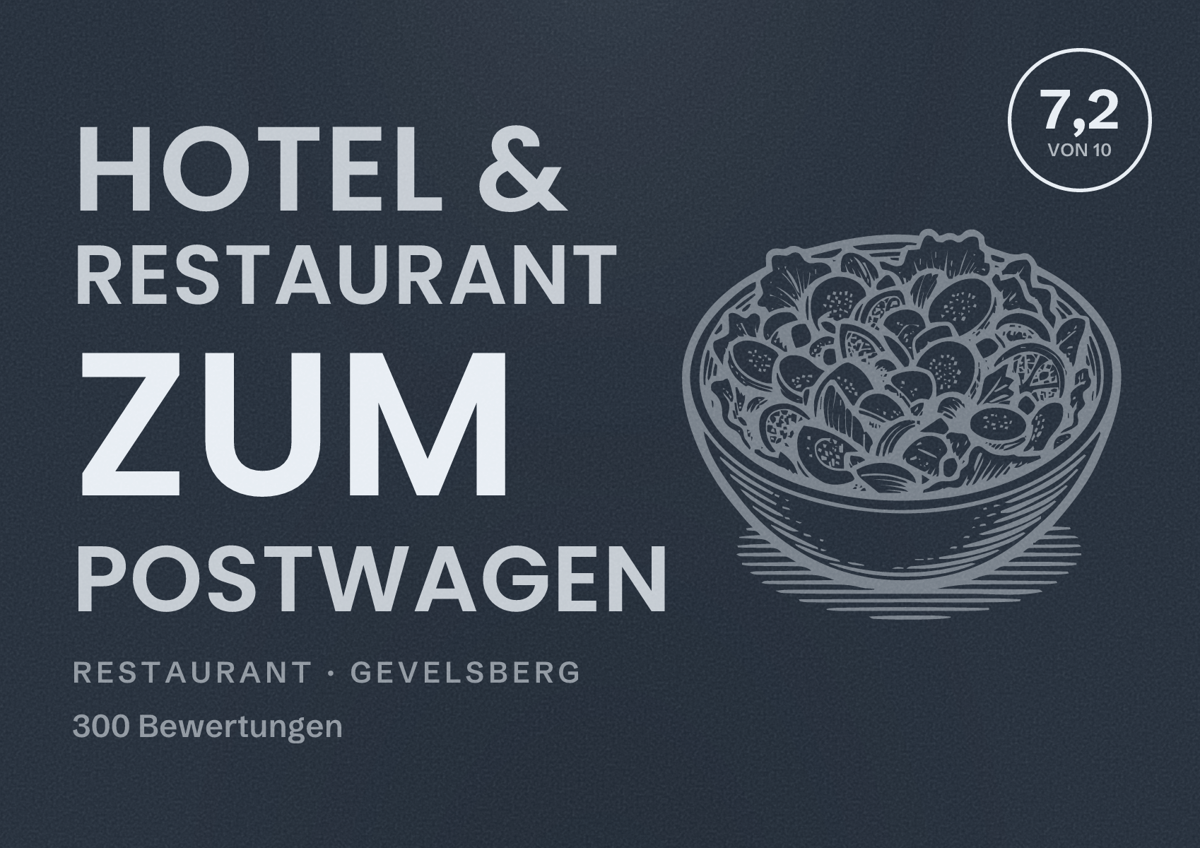 Illustriertes Poster von Hotel & Restaurant Zum Postwagen, Restaurant in Gevelsberg: Bewertung 7,2 von 10 aus 300 Bewertungen