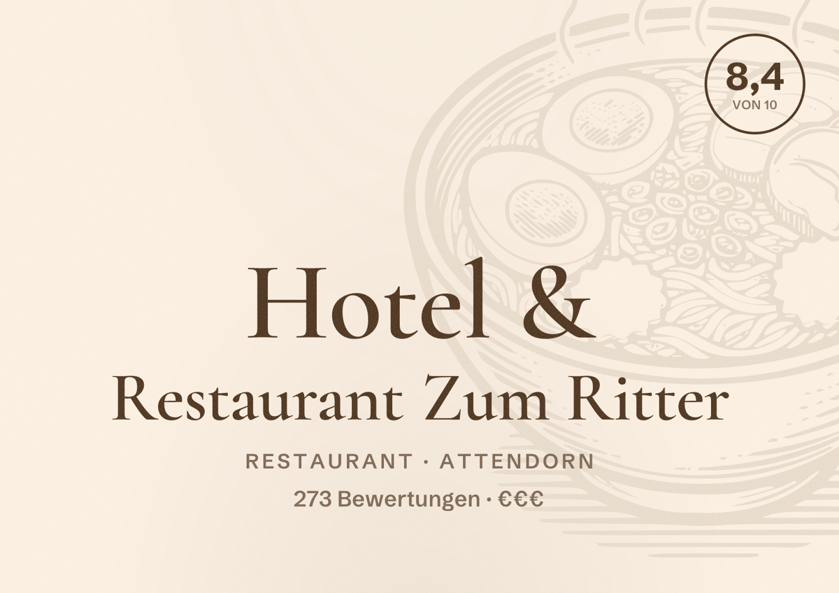 Illustriertes Poster von Hotel & Restaurant Zum Ritter, Restaurant in Attendorn: Bewertung 8,4 von 10 aus 273 Bewertungen, Preisniveau €€€
