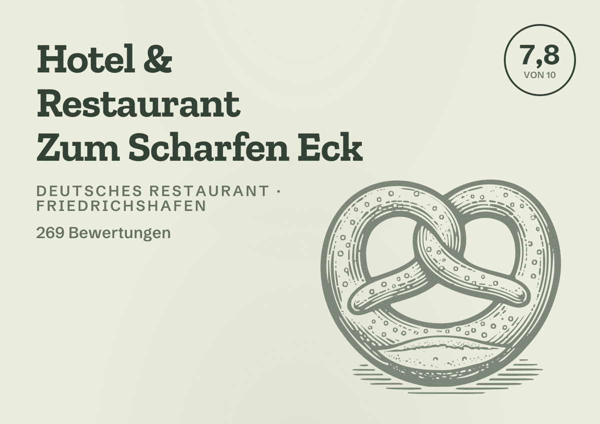 Illustriertes Poster von Hotel & Restaurant Zum Scharfen Eck, Deutsches Restaurant in Friedrichshafen: Bewertung 7,8 von 10 aus 269 Bewertungen