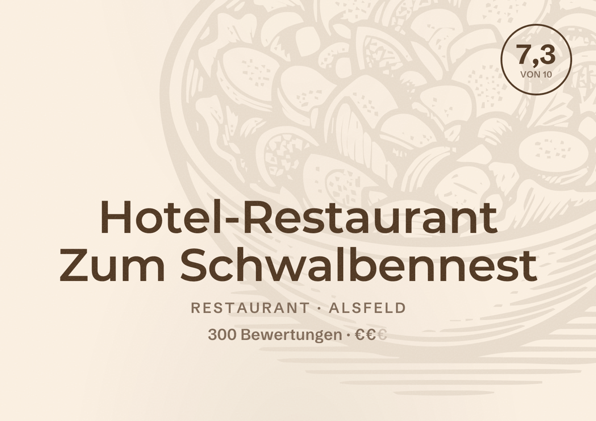 Illustriertes Poster von Hotel-Restaurant Zum Schwalbennest, Restaurant in Alsfeld: Bewertung 7,3 von 10 aus 300 Bewertungen, Preisniveau €€