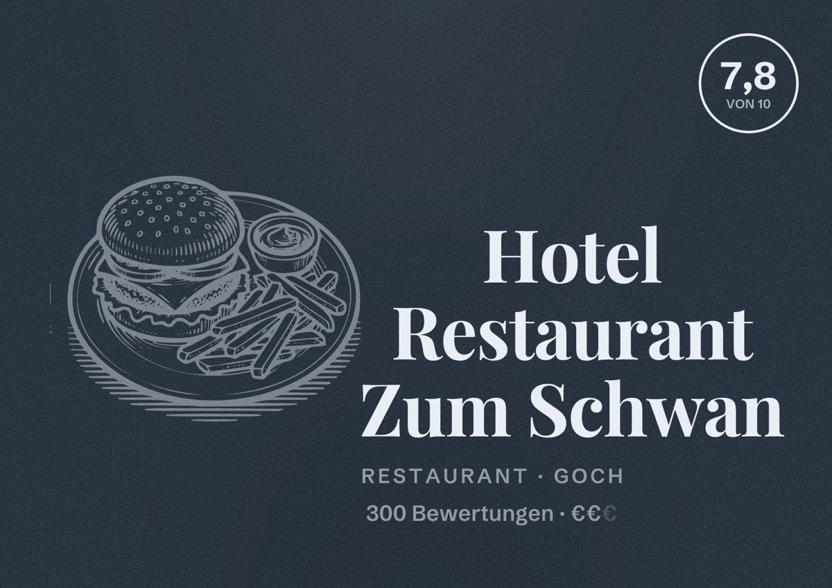 Illustriertes Poster von Hotel Restaurant Zum Schwan, Restaurant in Goch: Bewertung 7,8 von 10 aus 300 Bewertungen, Preisniveau €€