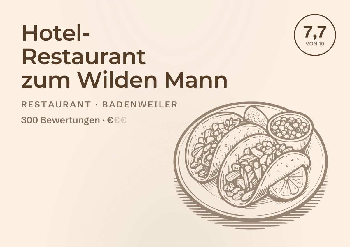Illustriertes Poster von Hotel- Restaurant zum Wilden Mann, Restaurant in Badenweiler: Bewertung 7,7 von 10 aus 300 Bewertungen, Preisniveau €