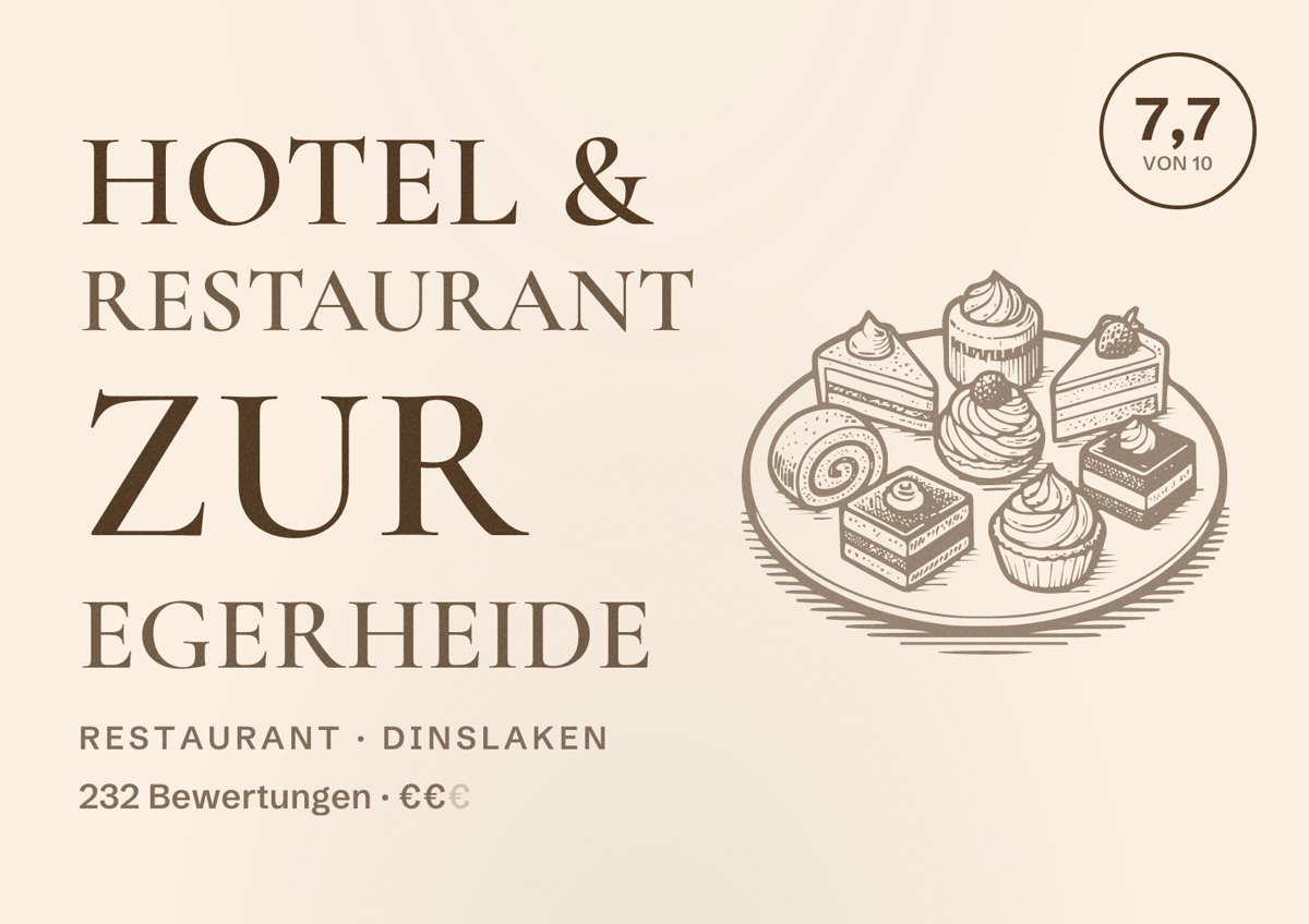 Illustriertes Poster von Hotel & Restaurant Zur Egerheide, Restaurant in Dinslaken: Bewertung 7,7 von 10 aus 232 Bewertungen, Preisniveau €€