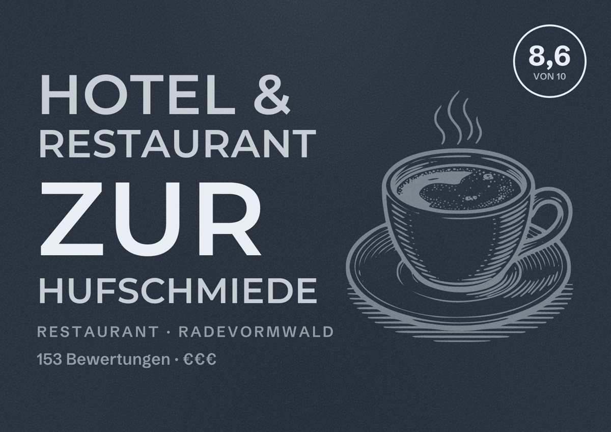 Illustriertes Poster von Hotel & Restaurant Zur Hufschmiede, Restaurant in Radevormwald: Bewertung 8,6 von 10 aus 153 Bewertungen, Preisniveau €€€
