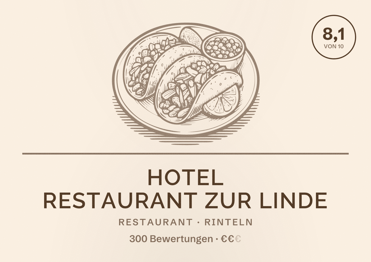 Illustriertes Poster von Hotel Restaurant Zur Linde, Restaurant in Rinteln: Bewertung 8,1 von 10 aus 300 Bewertungen, Preisniveau €€