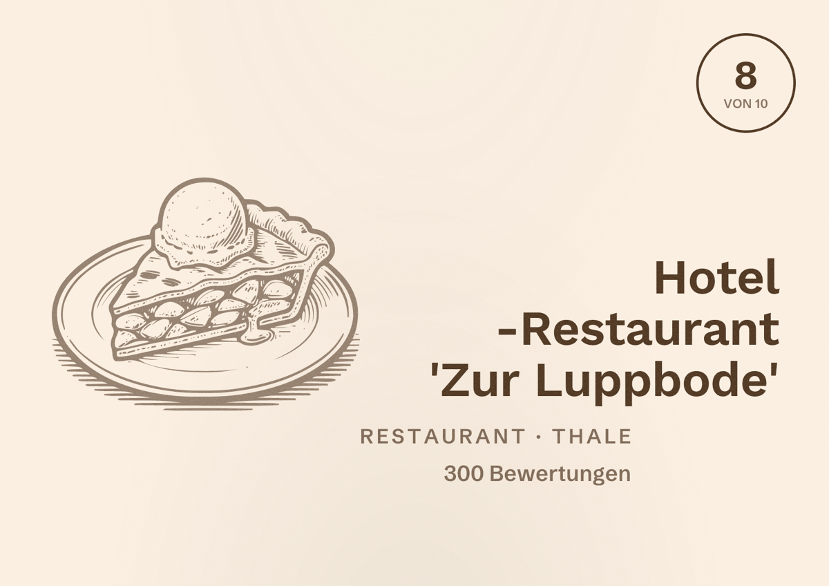 Illustriertes Poster von Hotel -Restaurant 'Zur Luppbode', Restaurant in Thale: Bewertung 8 von 10 aus 300 Bewertungen