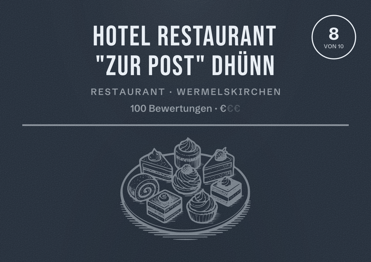 Illustriertes Poster von Hotel Restaurant "Zur Post" Dhünn, Restaurant in Wermelskirchen: Bewertung 8 von 10 aus 100 Bewertungen, Preisniveau €