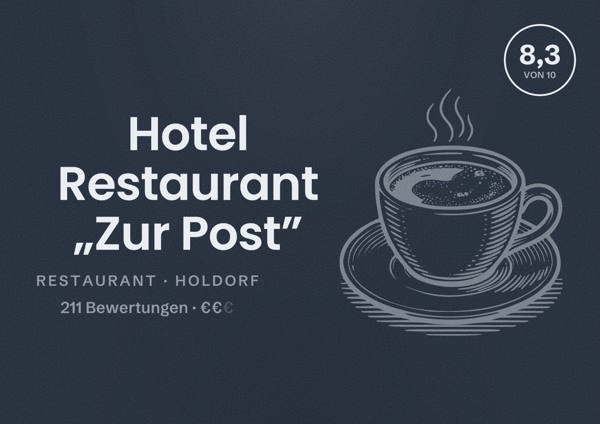 Illustriertes Poster von Hotel Restaurant „Zur Post”, Restaurant in Holdorf: Bewertung 8,3 von 10 aus 211 Bewertungen, Preisniveau €€