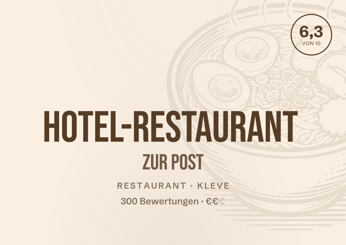 Illustriertes Poster von Hotel-Restaurant Zur Post, Restaurant in Kleve: Bewertung 6,3 von 10 aus 300 Bewertungen, Preisniveau €€
