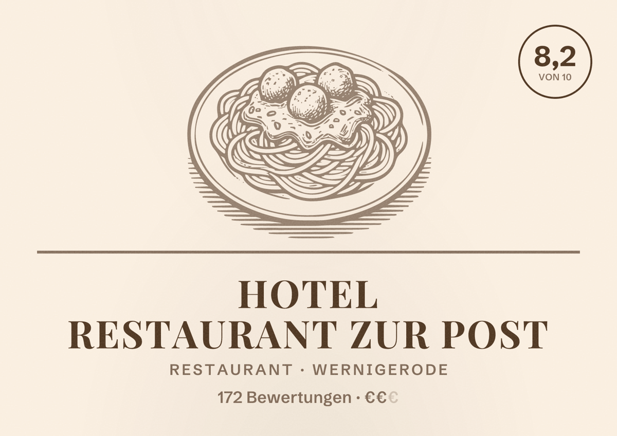 Illustriertes Poster von Hotel Restaurant Zur Post, Restaurant in Wernigerode: Bewertung 8,2 von 10 aus 172 Bewertungen, Preisniveau €€